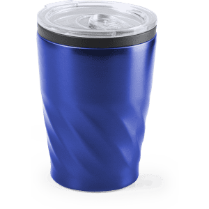 A drink bottle in a vibrant blue colour with a twisted design and a clear lid, featuring a logo.