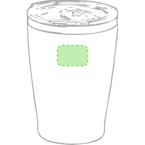 A travel mug with a lid, featuring a green label area, designed for insulation and beverage storage.