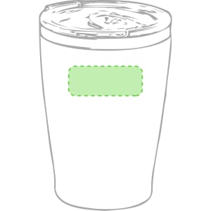 A drink bottle with a clear, insulated body and a lid, featuring a green rectangular area.