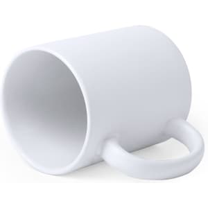A white coffee mug with a smooth surface and a curved handle, featuring a blank design.