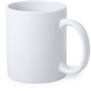 A white sublimation mug with a smooth surface and a sturdy handle, featuring a branding logo.