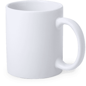 A white sublimation mug with a smooth surface and a curved handle, featuring a logo.
