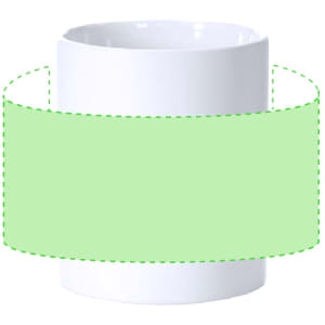 A white coffee mug with a plain green wraparound design and a logo.