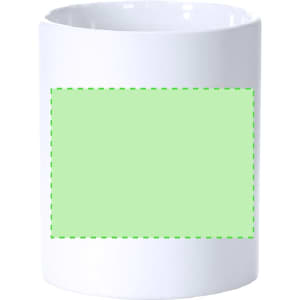 A white coffee mug with a blank green area for custom designs, featuring a logo on one side.