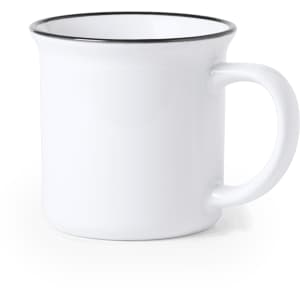 A white coffee mug with a black rim and handle, featuring a smooth finish and a simple design.