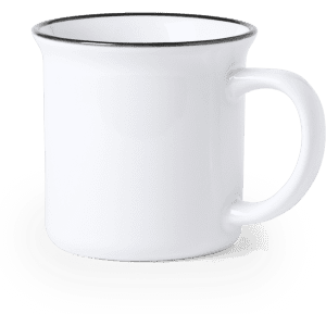 A white coffee mug with a curved design and black rim, featuring a handle and a plain surface.