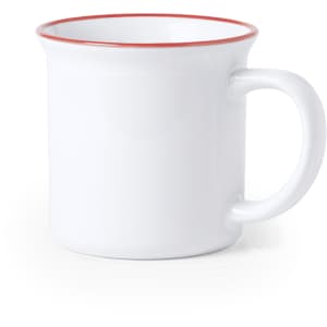 A white coffee mug with a red rim and handle, featuring a logo on the side.