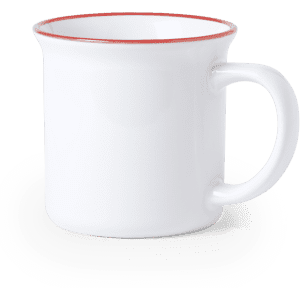 A drink mug in white with a red rim, featuring a curved handle and a smooth ceramic finish.