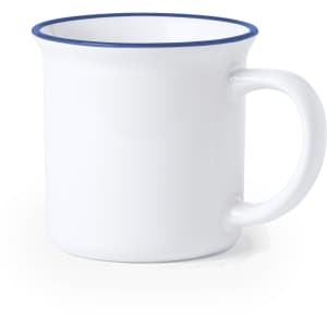 A white coffee mug with a blue rim and handle. It features a smooth surface and a classic design.