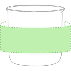 A coffee mug in a simple design with a green band around its middle, featuring a logo.