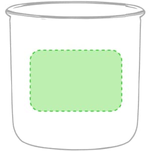 A coffee mug in white with a green dashed rectangular area for custom design.
