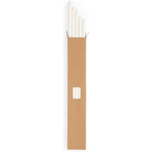 A pack of white drinking straws in a cardboard holder, featuring a simple design and a window cut-out.