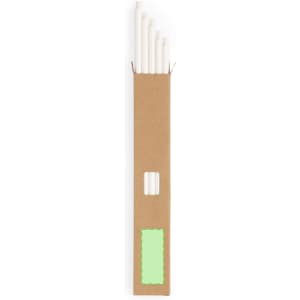 A cardboard packaging containing a set of white drinking straws. The box has a logo and a green label.