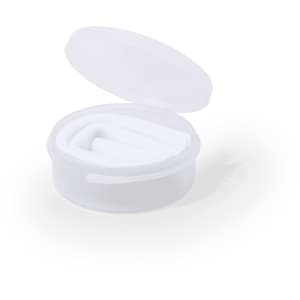 A clear container with a transparent lid, containing multiple white drinking straws.