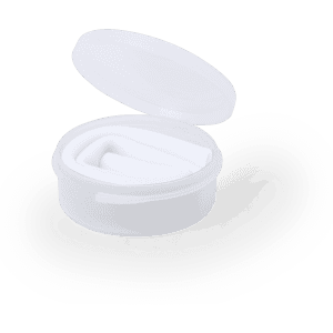 A round container with a lid holding multiple white drinking straws. The container is transparent.