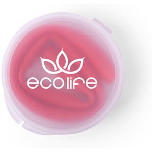 A container holding a red reusable straw, featuring a logo on the lid.