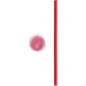 A red drinking straw alongside a circular container. The container holds multiple straws and features a logo.