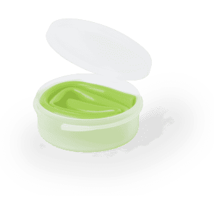 A round, translucent container with a white lid, filled with green gel or cream.