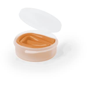 A round, transparent container with a white lid holds a creamy, tan-coloured substance inside.