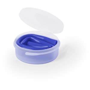 A container of blue drinking straws with a clear lid. The straws are coiled inside the container.