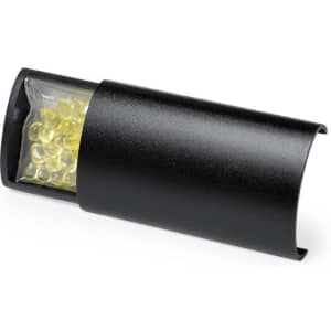 A black air freshener container with a transparent section revealing yellow scented beads inside.