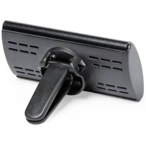 A black air freshener with a clip mechanism for attachment, featuring a sleek design and ventilation holes.