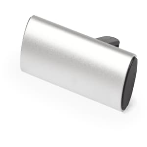 A silver air freshener with a sleek, cylindrical design and a black clip on the back.