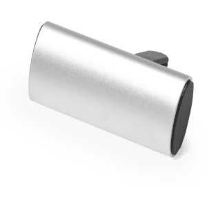 A silver air freshener with a black base and a clip attachment, designed for personal use.