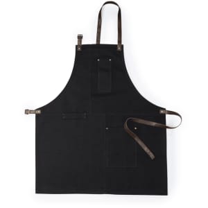 A black apron with brown leather straps and multiple pockets, featuring a logo on the front.