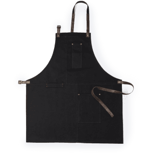 A black apron with leather straps and multiple pockets, featuring a logo. Suitable for workwear use.
