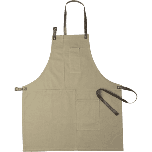 A beige apron featuring adjustable straps and multiple pockets, including a logo on the front.