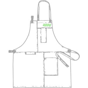 A grey apron featuring multiple pockets and a strap, with a small logo on the upper section.