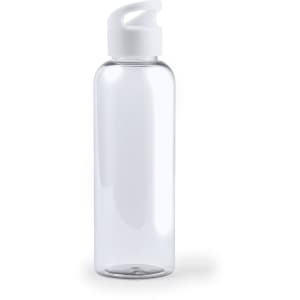 A clear drink bottle with a white pump lid, featuring a minimalistic design and a logo.