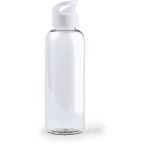 A drink bottle with a clear body and white cap, featuring a simple design and a logo.