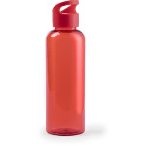 A drink bottle in vibrant red with a secure flip-top lid. It features a simple design and has a logo.