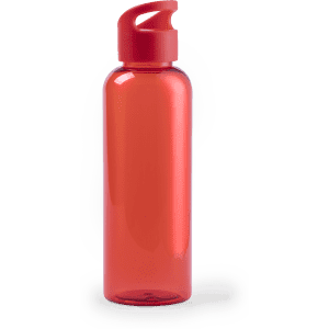 A drink bottle in transparent red plastic with a matching cap and a functional design. Features a logo on the surface.
