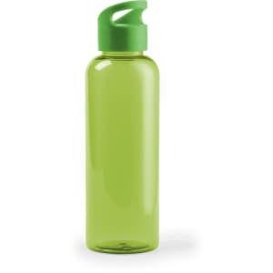 A drink bottle in a vibrant green colour with a matching green lid and a logo.