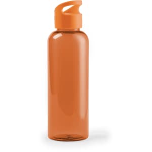 A drink bottle in a transparent orange hue with an orange lid and a curved spout. It features a logo.