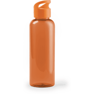 A drink bottle in bright orange with a flip-top lid and a smooth, glossy finish. It has a logo on the side.
