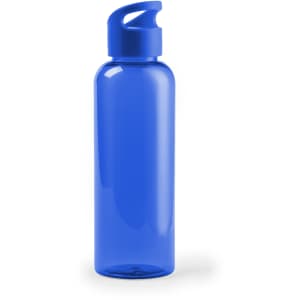 A drink bottle in a vibrant blue colour with a screw-top lid and a spout. It features a branding logo.