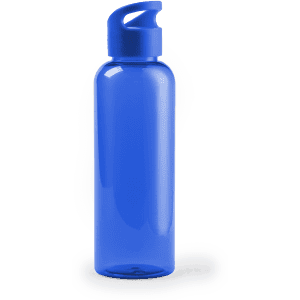 A blue drink bottle with a flip-top lid and a sleek, transparent design. It features a logo.