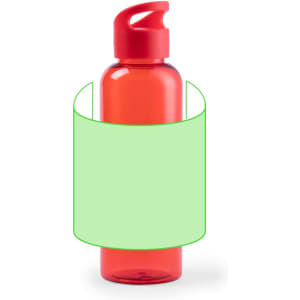 A drink bottle in transparent red with a red flip-top lid, featuring an empty green label area.