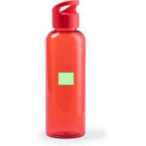 A drink bottle with a transparent red body and a red lid, featuring a blank area for custom branding.