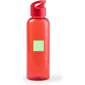 A drink bottle in bright red with a green square label and a red cap. It has a sleek, rounded design.