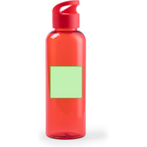 A drink bottle in bright red with a red lid and a blank green label area.