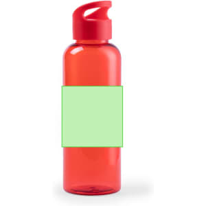 A drink bottle in vibrant red with a green label area and a flip-top lid. It features a logo.