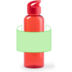 A drink bottle in bright red with a twist cap and a green placeholder label around the centre.