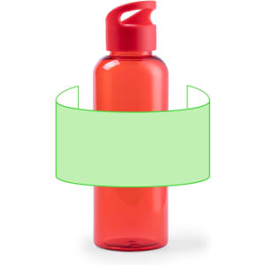 A drink bottle in vibrant red with a matching lid and a circular green label around its middle.