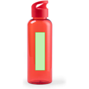 A drink bottle in vibrant red with a green rectangular section, featuring a red screw-on lid and a logo.