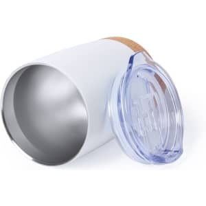 A drink bottle featuring a sleek white body with a cork base and a clear lid. It has a smooth, insulated interior.